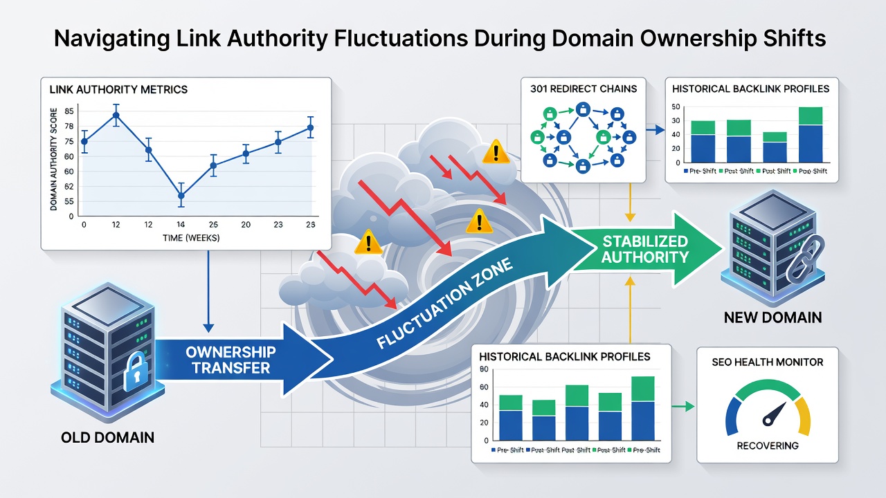 Graph depicting link authority score changes over time during a domain ownership transfer with recovery timeline markers