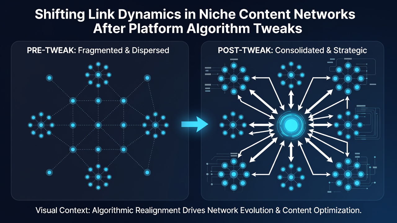 Illustration of interconnected niche websites with updated link pathways after algorithm changes